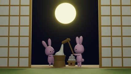 月見　うさぎ　3D