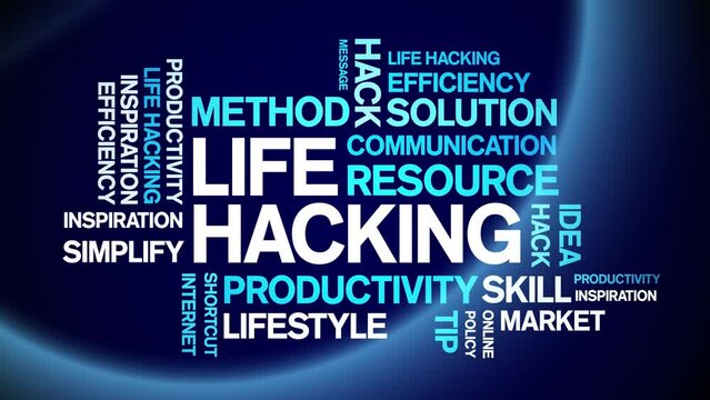 Life Hacking animated tag word cloud;text design animation kinetic typography seamless loop.