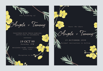 Floral wedding invitation card template design, golden shower
 flowers and leaves on black