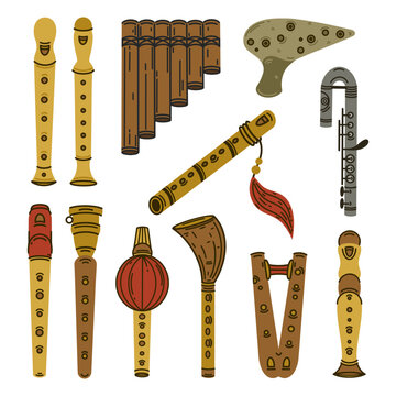 Flute vector icons set. Collection of wooden, metal, bamboo, plastic musical instruments. Block flute, alto, pipe pan, ocarina, duduk, fife, double. Flat cartoon illustration for logo, web, print