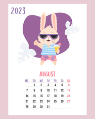 August 2023. calendar. Cute bunny in beach shorts with sunglasses with cocktail. Vector illustration. Vertical Template. Week from Monday In English. rabbit is symbol 2023 year to Chinese zodiac.