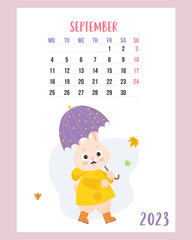 September 2023 calendar. Cute bunny under an umbrella, in raincoat and rubber boots with falling autumn leaves. Vector illustration. Vertical Template. Week from Monday. English. rabbit symbol year