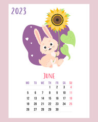 June 2023 calendar. Cute bunny with large yellow flower sunflower. Vector illustration. Vertical Template. Week from Monday In English. A4. rabbit is symbol 2023 year to Chinese zodiac