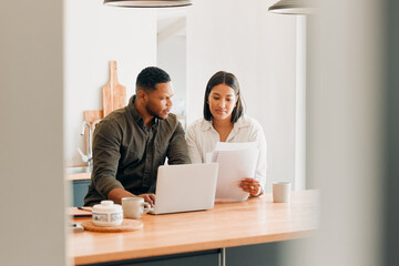 Planning home loan couple with laptop looking at budget, bills or finance paper work confused by the expenses, budget or mortgage. Married man and woman managing utility document or debt online - Powered by Adobe