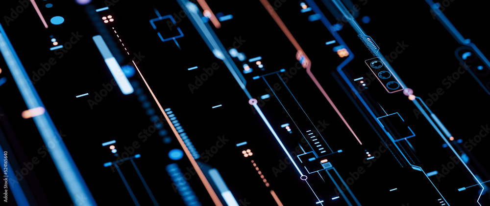 Poster 3D Rendering of abstract digital sci fi techno circuit node with depth of field effect. Dots, lines and geometry shapes. For technology product, ai, crypto, binary, machine learning background