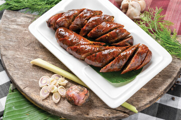 Fried meat lao sausages, top view of sausages
