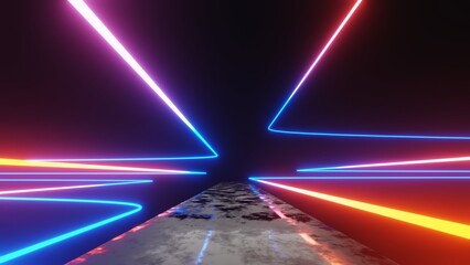Fototapeta premium Abstract colorful neon glowing light background. Speed light illuminated. Florescent on the dark scene. Curvy moving line shape. 3D render.