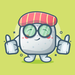 smart sushi food character mascot with thumb up hand gesture isolated cartoon in flat style design