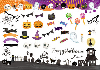 水彩で描いたかわいい手書きのハロウィンのフレームセット