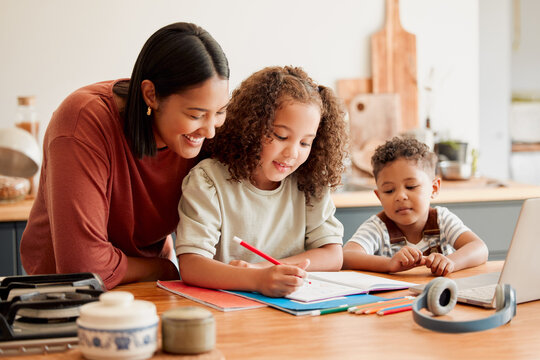 Mother teaching, learning and education with child studying, doing homework or writing in book during an at home lesson or homeschooling. Daughter in early childhood development enjoying fun activity