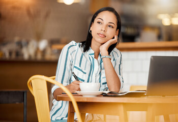 Thinking, wondering and planning woman having a coffee while working remotely on laptop at cafe....