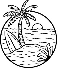Beach Good Vibes Sunset Coconut Tree relaxing wave surfing badges illustration