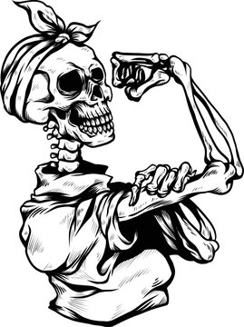 Skeleton girl is posting a you can do it black and white vectors