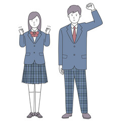 ガッツポーズの女子学生と男子学生の全身イラスト1