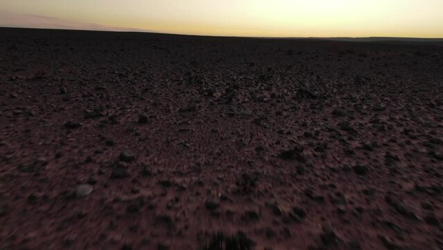 Aerial forward view of martian landscape of Morocco Erfoud desert in the Sahara Dr&acirc;a-Tafilalet region