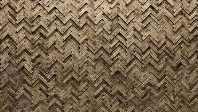 Polished Tiles arranged to create a Textured wall. Natural Stone, 3D Background formed from Herringbone blocks. 3D Render