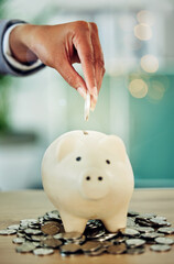 Finance growth, saving money and coins in a piggy bank for the best investment strategy a banking...