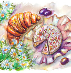 Watercolor French summer breakfast picnic: fresh croissant, cheese Camembert Brie, grape and chamomile flowers artwork