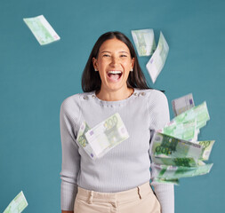 Money, cash and bonus success of a woman with wealth, business growth and financial increase looking happy and excited. Portrait of a businesswoman winning or spending her savings, profit or interest