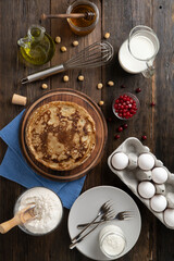 Large pancakes recipe, homemade rustic style, top view