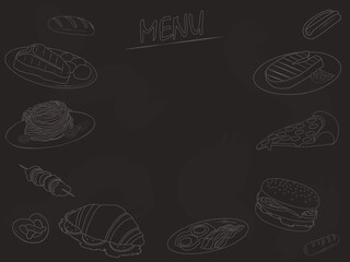 Food menu with different dishes contours and copy space drawn on blackboard vector illustration