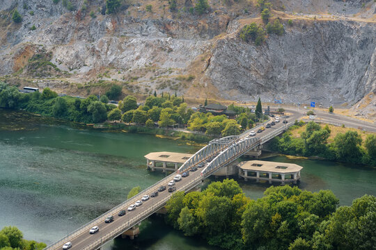Vew of big bridge over the Buna River flowing into the Skadar lake near the city of Shkodra, Albania, seen from the Rosafa Fortress. Travel and tourism