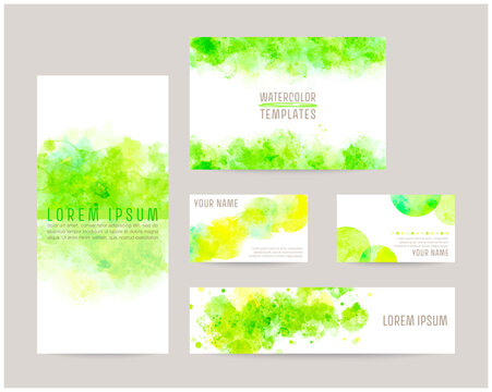 watercolor abstract background. leaflet cover, card, business cards, banner design templates set (green)