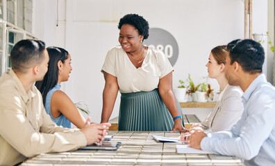 Female leader talking in team meeting, collaboration and planning for a business or company...
