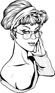 Pin up girl with glasses black and white