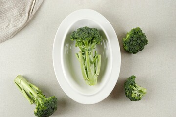 Fresh Broccoli on White oval Plate, Top View
