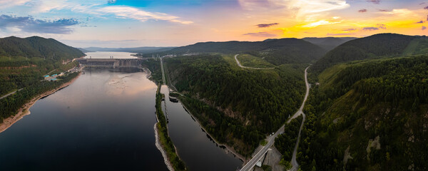 View of the hydroelectric dam on the Yenisei River