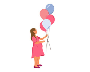 A pregnant joyful woman holds pink and blue balloons to find out the gender of the baby. Gender Party. Vector illustration isolated on white background, copy space