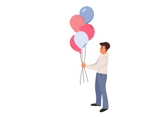 Young happy father holding pink and blue balloons to find out the gender of the baby. Gender Party. Vector illustration isolated on white background, copy space