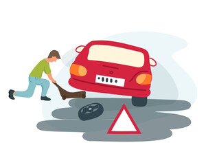 Roadside assistance worker changing car wheel on highway. A young man jacks up a car to change a flat tire on the road. Vector illustration