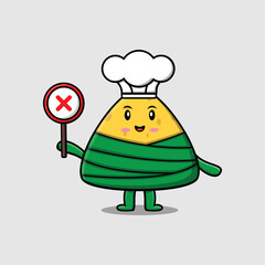 cute cartoon chinese rice dumpling chef holding wrong sign board in vector character illustration