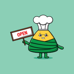 Cute cartoon chinese rice dumpling character holding open sign board designs in concept flat cartoon 