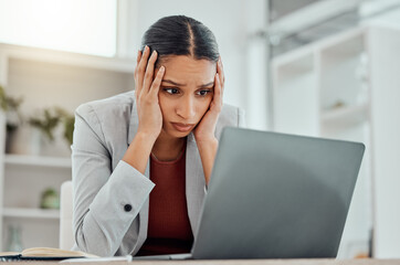 Pain, headache and stressed finance manager feeling sick, tired and worried about a financial problem at her startup company. Young and frustrated professional businesswoman working at an office - obrazy, fototapety, plakaty