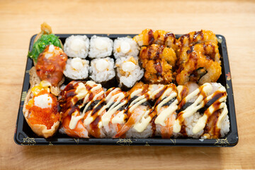 angle view fresh sushi on a plate