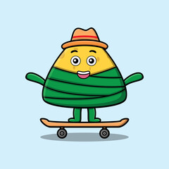 cute cartoon chinese rice dumpling standing on skateboard with cartoon vector illustration style