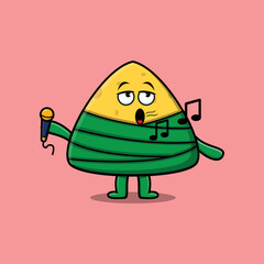 Cute cartoon chinese rice dumpling singer character holding mic in flat modern style design