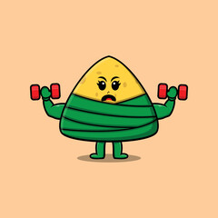Cute cartoon chinese rice dumpling character is fitness with barbell in modern style design 