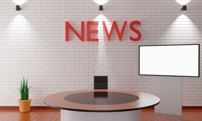 wood table and lcd background in the news studio room.3d rendering.	