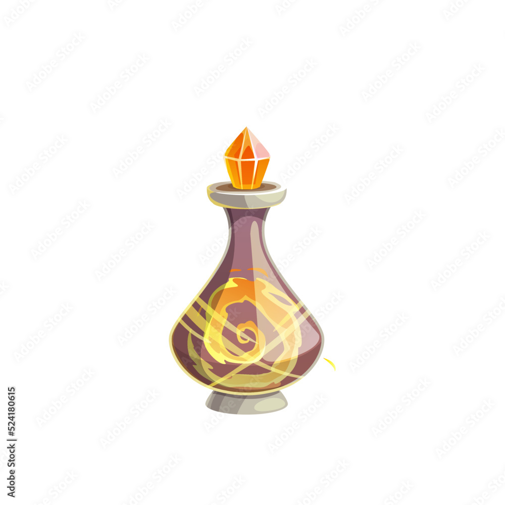Poster potion bottle vector icon, magic elixir in glass flask with vortex inside and crystal bung. witch po