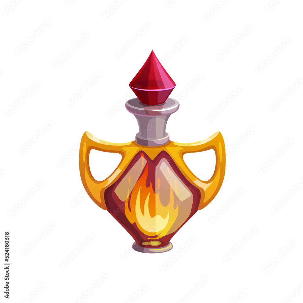 Poster potion bottle vector icon, glass flask with burning fire inside and crystal bung and handles. cartoo
