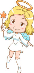 Cartoon character of cute angel holding magic wand.