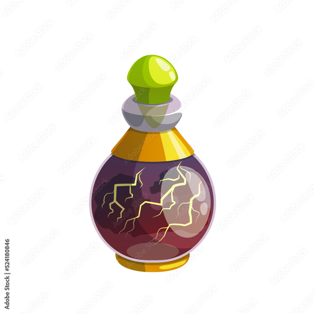Aufkleber potion bottle vector icon, magic elixir in glass flask with brown liquid and lightning strikes. cart