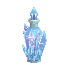 Foto op Aluminium Potion bottle vector icon, magic elixir in glass flask with snowflakes and crystals. Cartoon design element for magic game. Witch freezing poison, alchemy liquid isolated on white background © Vector Tradition
