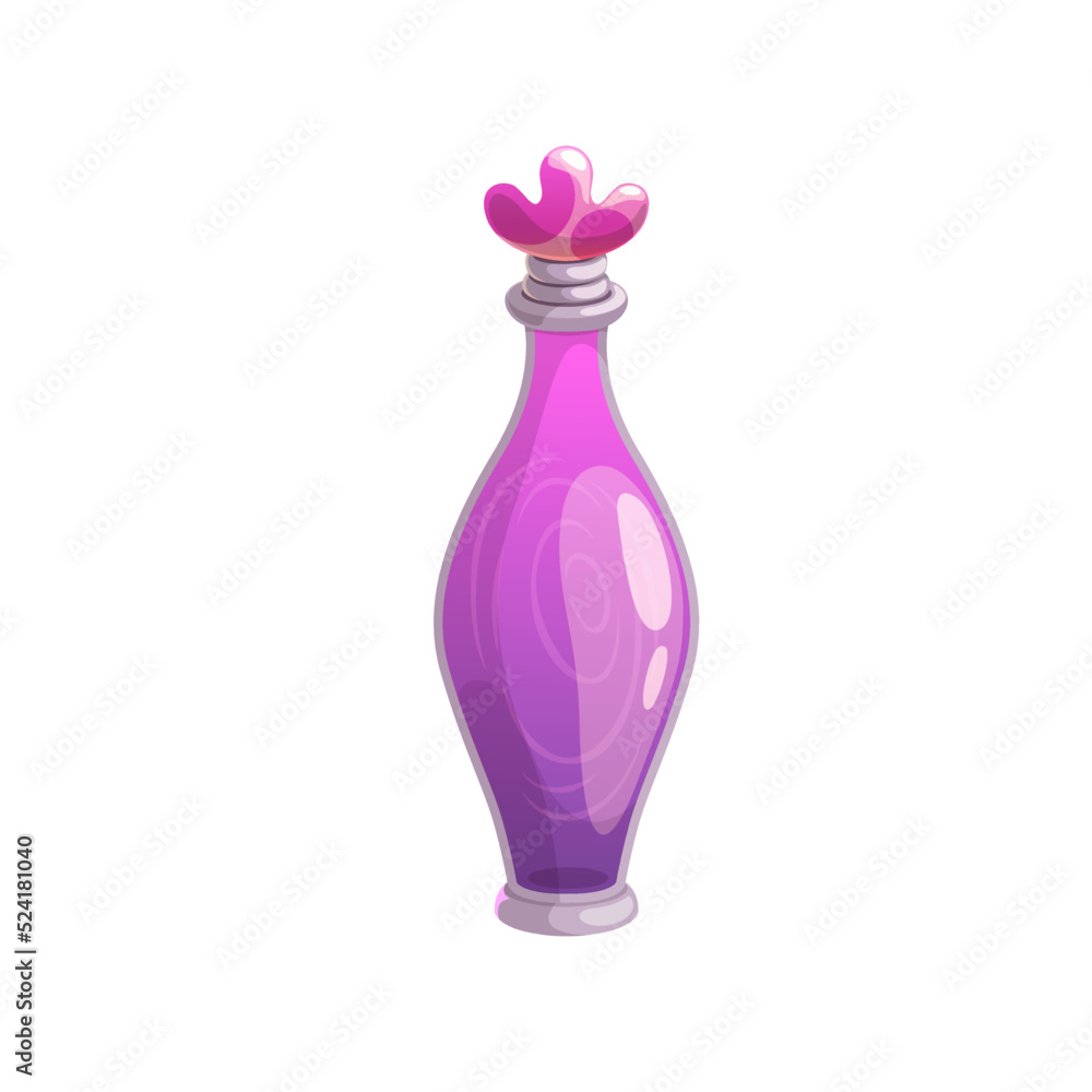 Aufkleber potion bottle vector icon, purple magic elixir in glass flask with vortex inside and crystal bung. w