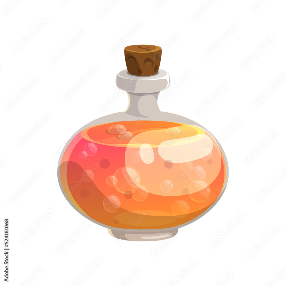 Poster potion bottle vector icon, magic elixir in glass flask with orange boiling liquid and corkwood bung.