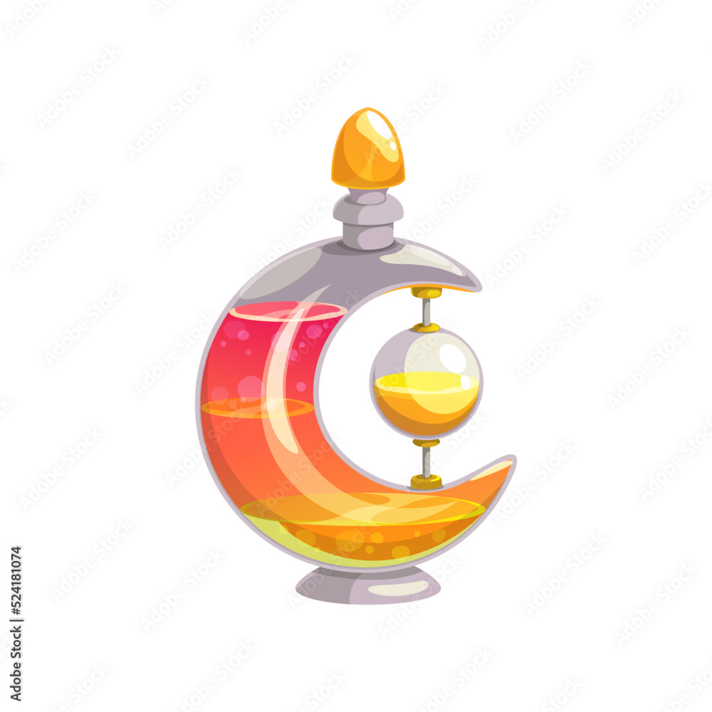 Poster potion bottle vector icon, magic elixir in glass flask in shape of moon with red and yellow liquid. 